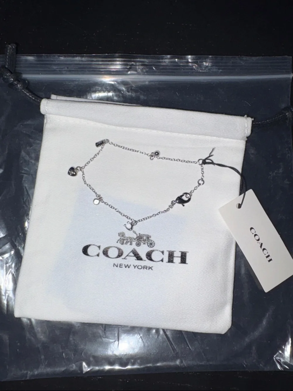 NWT Coach Silver Tone Charm Bracelet with Logo Pouch